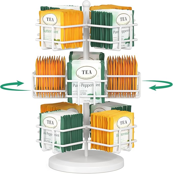 EsLuker.ly Tea Bag Holder Organizer for Counter 3 Tier Metal Tea Bag Storage Rack, Spinning Carousel Tea Packet Display Stand, Tea Organizer Station with Easy Access for Kitchen Office, White
