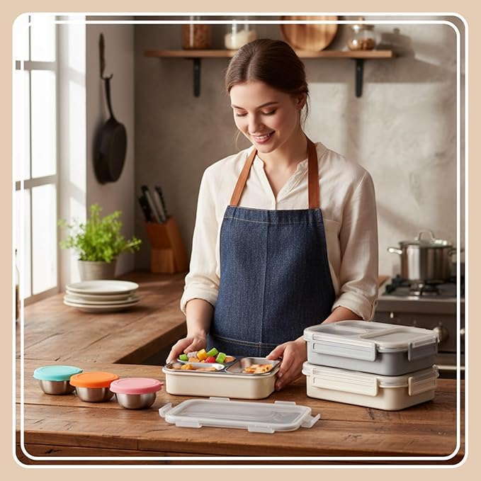 3 Pack Stainless Steel Lunch Boxes 25 oz 3 Compartment Metal Bento Box with 3 Pcs Condiment Containers and Leakproof Lids for Office Outdoor and Gym, Dishwasher Safe