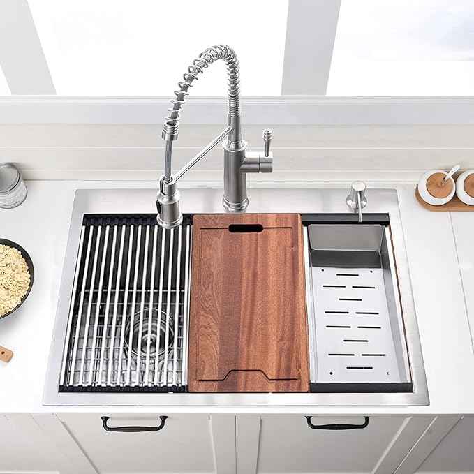 33 Inch Double Bowl Drop In Kitchen Sink Workstation - VOKIM 33 x 22 Inch Stainless Steel sink 16 Gauge Stainless Steel Drop In Kitchen Sink 10 Inch Deep 50/50 Double Bowl Sink