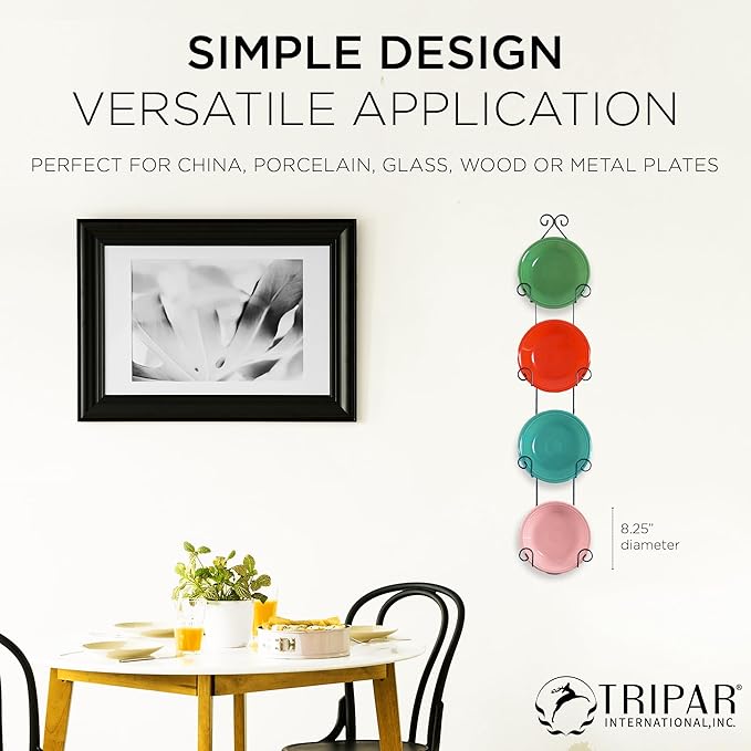 TRIPAR Vertical Wall Plate Rack, Black Display (4 Tiers) - Lightweight & Durable - Contains 4 Non-Adjustable Brackets - Elegantly Display Plates, Tiles, Artwork, & More