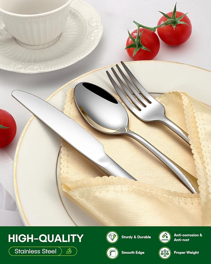 PHILIPALA Silverware Set, 48-Piece Flatware Set with Steak Knives for 8, Stainless Steel Mirror Cutlery Include Forks Spoons and Knives Set, Dishwasher Safe Utensils Set for Home Restaurant