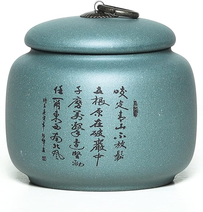 Yixing Clay Jar 17.5 Oz,Zisha Loose Leaf Tea Storage Canister Pot,Keep Bulk Tea Tidy and Fresh -Green, Bamboo