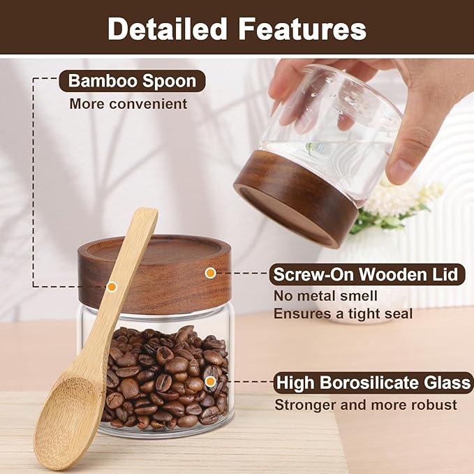 Glass Jar with Wood Lid, 4 Pack 8oz 240ml Coffee Jars with Airtight Lids, Wooden Screw Top Pantry Storage Glass Canister, Clear Kitchen Container for Spice, Sugar, Tea, Oats, Candy, Bean, Nuts