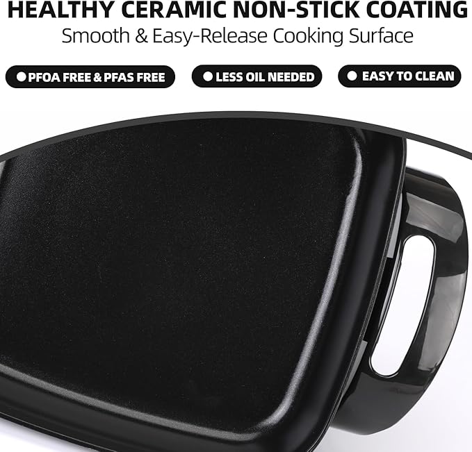 12" Ceramic Nonstick Electric Skillet with Tempered Vented Glass Lid, Scratch-Resistant Surface, Cool-Touch Handles, Removable Easy-to-Clean Design, 1200W, Sleek Black