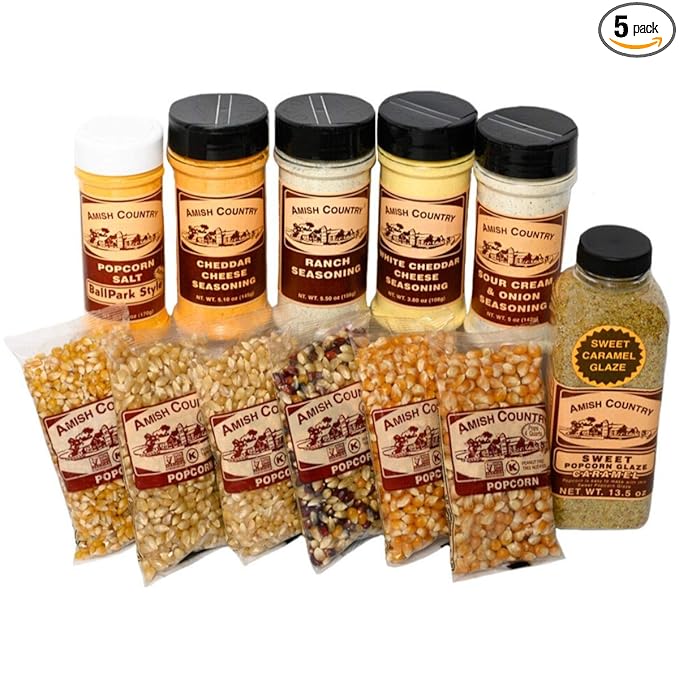 Amish Country Popcorn | 6-4 oz Bags | Variety Popcorn Kernel Set with Toppings | Old Fashioned, Non-GMO and Gluten Free