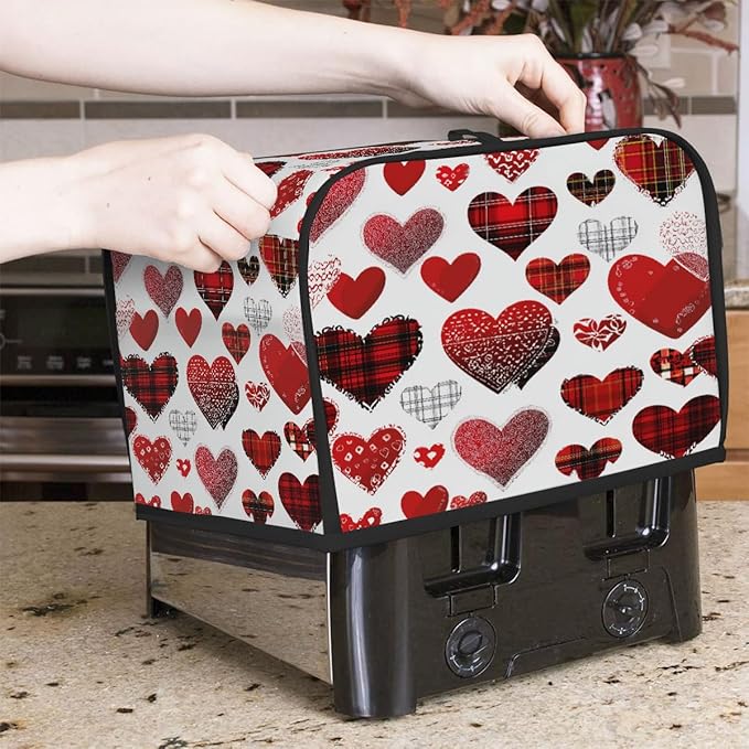 4 Slice Toaster Cover,Valentine's Day Buffalo Heart Small Kitchen Appliance Bread Machine Cover with Pockets,Dust & Fingerprint Protection
