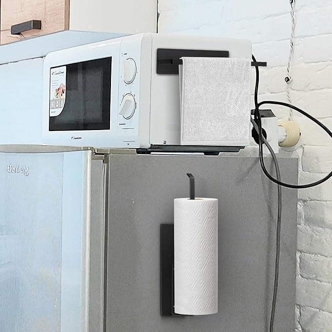 Paper Towel Holder Black, Toilet Paper Roll Holder Magnetic Towel Rack Wall Mount Fridge Organizer Shelf for Towels Rolls Bar Bathroom Toilet Pantry RV Essentials Kitchen Organizers and Storage 2 Pack