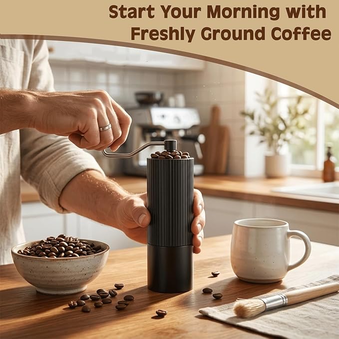 Manual Coffee Grinder with 420 Stainless Steel Burr, Adjustable Settings for Espresso & Turkish Coffee, Portable Hand Crank Coffee Grinder, 45g Capacity, Aluminum Body with Walnut Handle for Multi Use