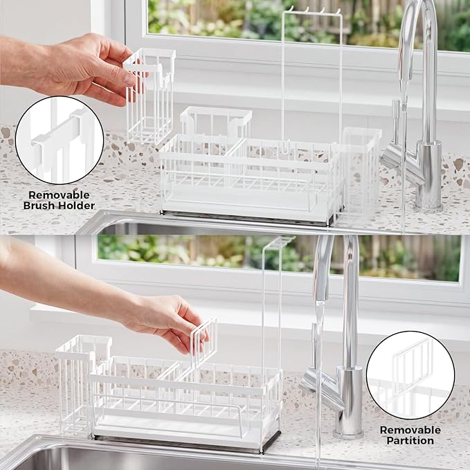 Sponge Holder for Kitchen Sink – Rustproof Stainless Steel with Detachable Drainboard, Brush Rack & Towel Bar | Compact, Non-Slip Design for Countertop Bathroom