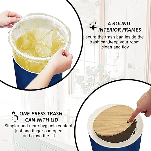 Trash Can with Lid Navy Blue Grunge Texture Dark Shiny Night Ombre Vintage Press Top Round Small Garbage Bin with Wooden Legs Waste Basket for Kitchen Bedroom Nursery 7L/1.8 Gallon