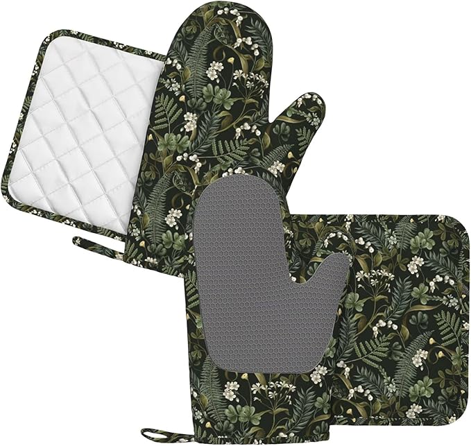Botanical Oven Mitts and Pot Holders Sets Silicone White Flowers Berries and Leaves Kitchen Oven Mitts Hot Pads Heat Resistant Potholders Kitchen Mitts Set for Baking BBQ Cooking