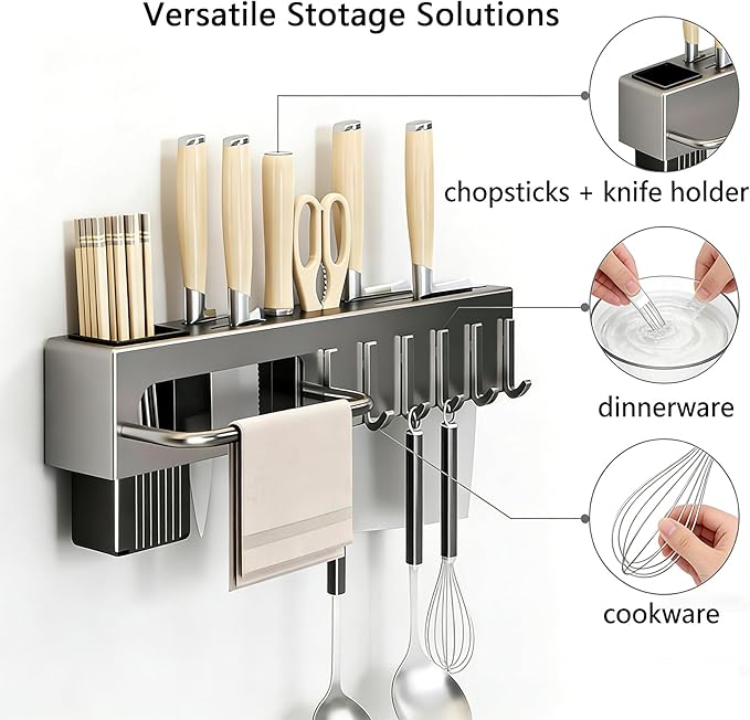 SEIDO Carbon Steel Utensil Rack – Space-Saving 20" L Kitchen Organizer with hooks & hanging bar, Gunmetal Gray Knife Holder, 2 Installation Options (Adhesive/Screwed)