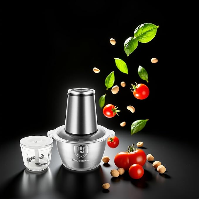 MEGAWISE Food Processor, 800W Electric Meat Grinder with 0.6L Glass Bowl & 1.2L Stainless Steel Bowl, Dual Speed Modes and Bi-Level BladesBlades for Meat, Vegetables, Nuts, Fruits, and Baby Food