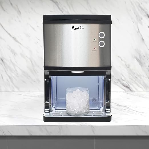 Avanti Nugget Ice Maker with Electronic Controls and Dispenser Countertop Use Makes 33lbs of Chewable Ice Per Day Perfect for Kitchen Office or Breakroom, Includes Ice Bin, 195-Watts, Stainless Steel