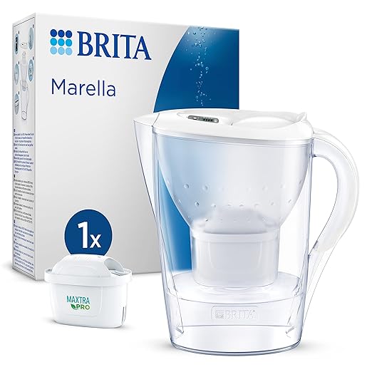 BRITA Jarra con Filtro de Agua Marella Blanca (2,4 l) Incl. 1x Cartucho MAXTRA Pro All-in-1: Jarra Apta para frigorífico con memo Digital y Tapa abatible Que Reduce el Cloro, la Cal y Las impurezas