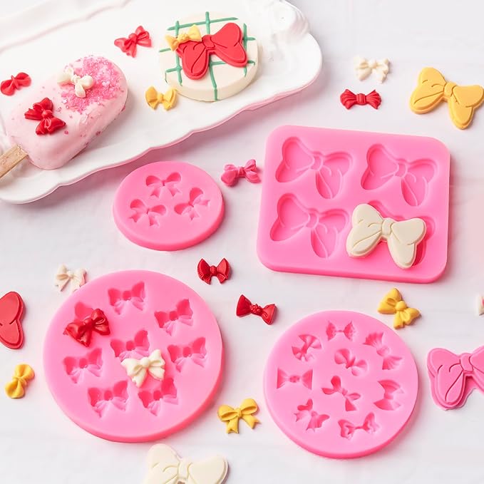 Puyeipt 4 Pcs Bow Silicone Mold, Mini Bows Fondant Molds, Chocolate Candy Silicone Molds for Cupcake Topper, Cake Pop Decoration and Clay Craft Making