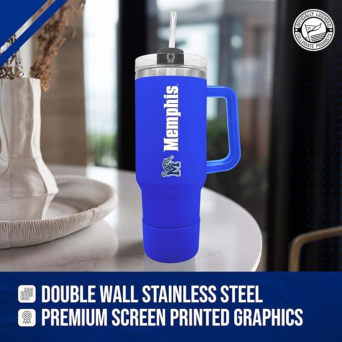 Campus Colors College & University 40 oz Travel Tumbler With Handle - Dual Option Lid With Straw - Vacuum Insulated Stainless Steel (Memphis Tigers - Royal)