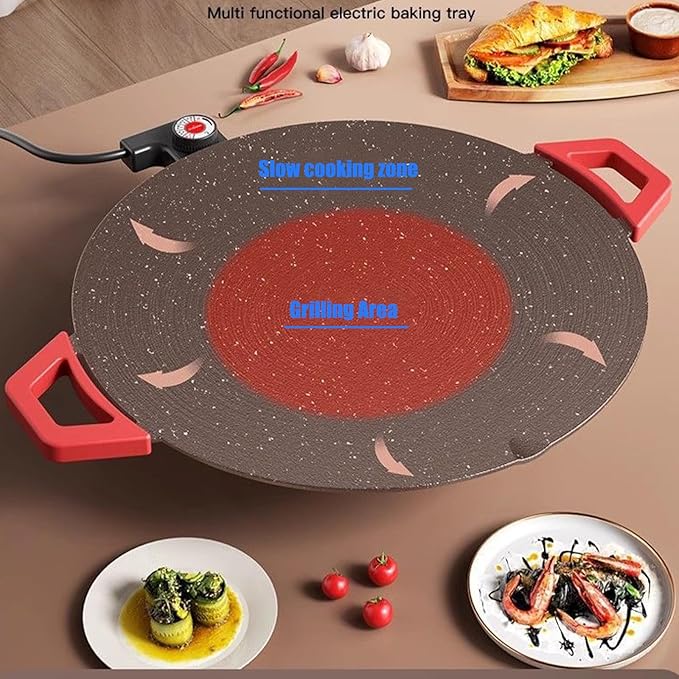 Indoor Smokeless Electric Griddle, Nonstick Round Tabletop Grill with Temperature Control, 1000W Fast Heating, Oil Drain Design for Steaks, Burgers, Pancakes, BBQ (40 cm/16 inch)