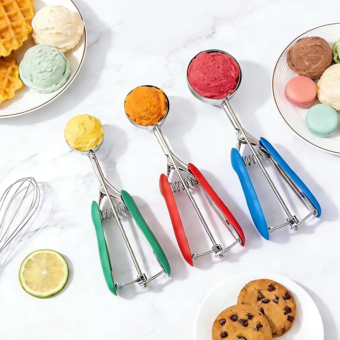 Cookie Scoop Set of 3,Color-Coded Cookie Scoops for Baking with Engraved Sizes,18/8 Stainless Steel Ice Cream Scoop with Non-Slip Soft Rubber Handles,Dough Scoopers for Cupcakes,Meatballs,Muffins