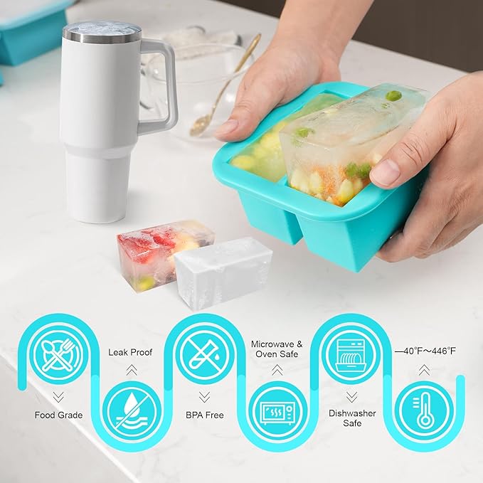 Silicone Freezer Tray with Lid 4 Pack Silicone Freezer Molds Ice Cube Tray Makes 8 Perfect 1 Cup Portions Soup Cubes Meal Prep Containers- Oven & Dishwasher Safe