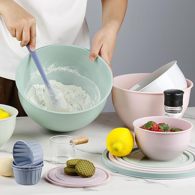 Greentainer Plastic Mixing Bowls with Lids Set for Kitchen, 5 Set Nesting Bowls for Mixing, Baking, Prepping, Cooking and Serving Food, Mixing Bowls Dishwasher, Microwave Safe