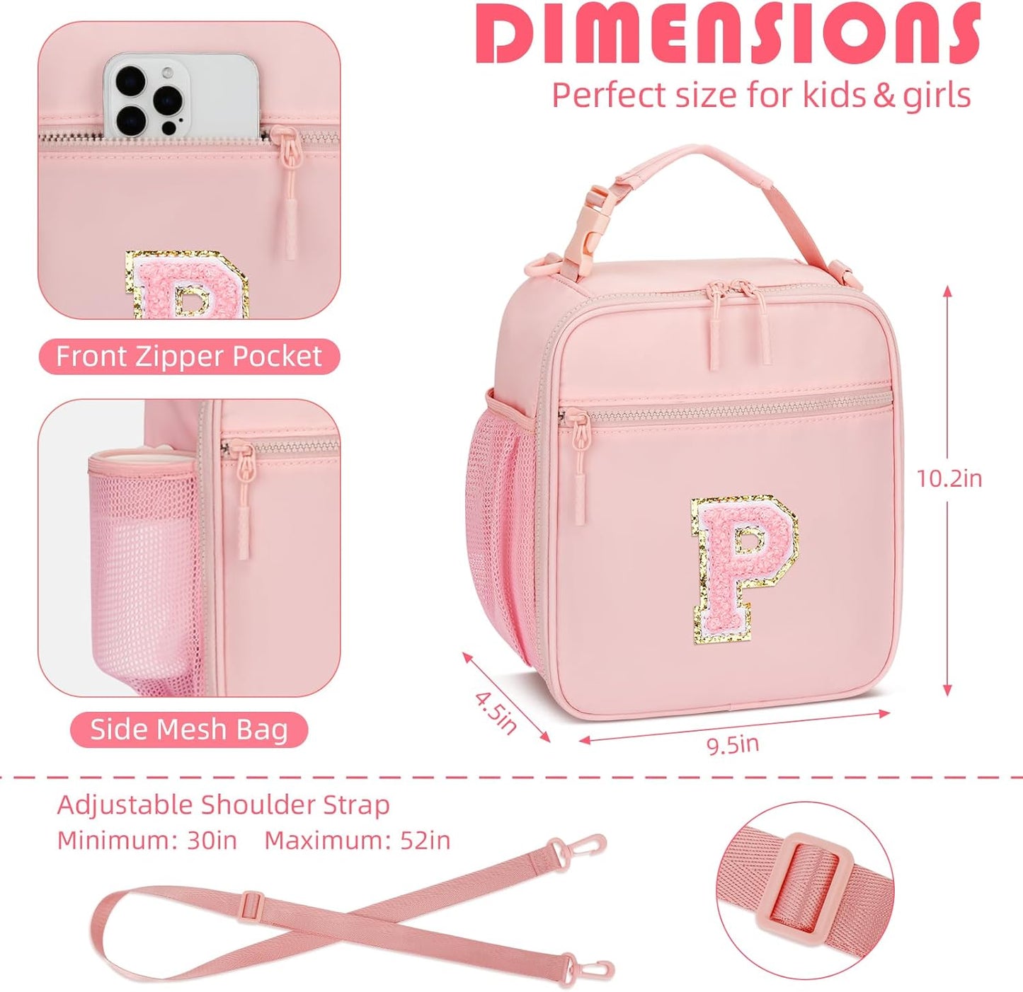 Initial Insulated Lunch Bag for Girls Kids, Back to School Gift, Reusable Leak-proof Lunch Box with Adjustable Strap for School Daycare Travel Picnic (Pink,P)