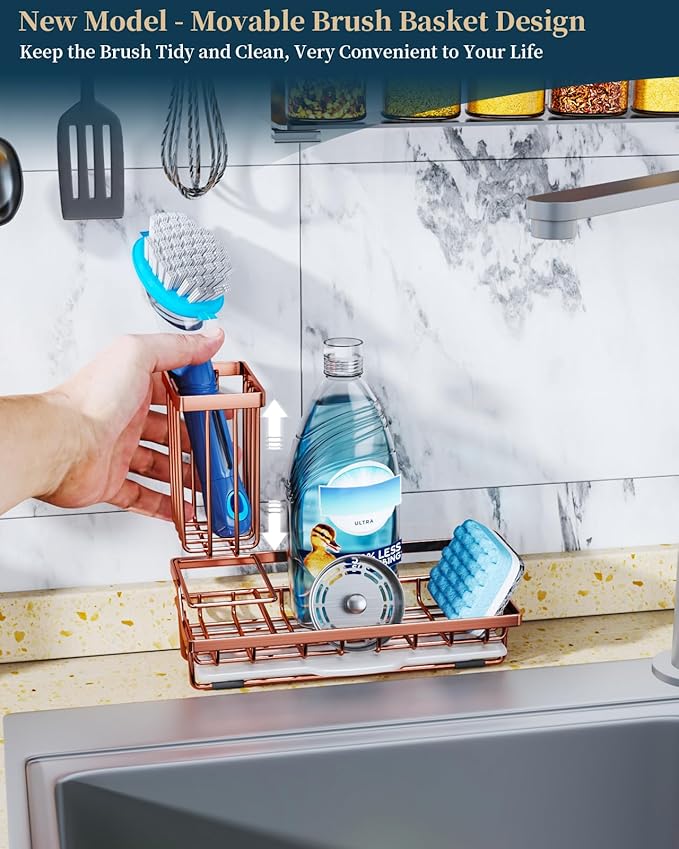 Consumest Sponge Holder for Kitchen Sink - Sink Caddy Kitchen Organizer with Removable Drip Tray for Countertop Dish Soap Dispenser Brush Storage Accessories 304 Stainless Steel, Rose Gold