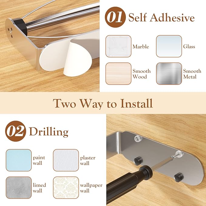 2 Pack Paper Towel Holder Under Cabinet + 2 Towel Robe Hook, Single Hand Operable Under Cabinet Paper Towel Holder, Adhesive Wall Mount Paper Roll Holder for Bathroom Kitchen(Silver)