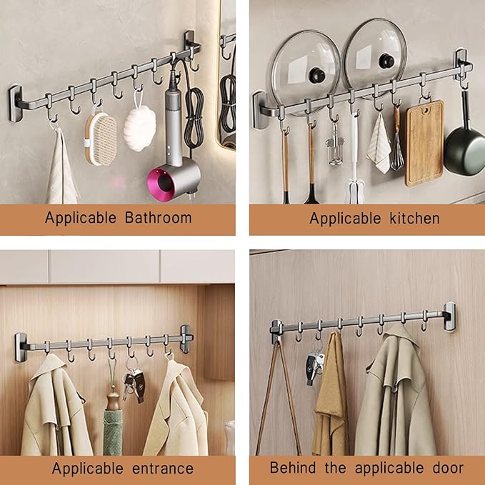 Rail Rack Organizer Self Adhesive Kitchen Utensil Rack Aluminum Wall Mounted Hanging Rail 8 Removable Hooks Pots Pans Spoons Knives,Grey,45cm