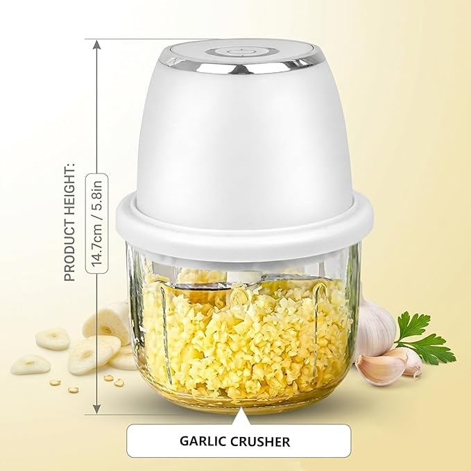 Electric Garlic Chopper, 350ml Mini Food Chopper with 6 Stainless Steel Blades & Thickened Glass, Cordless Food Processor for Garlic Ginger Herbs, White