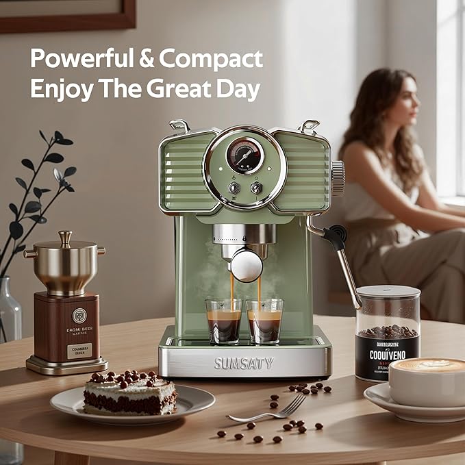 SUMSATY Espresso Machine 20 Bar Espresso Maker with Milk Frother Steam Wand, Professional Expresso Machine for Home Cappuccino & Latte Maker, Retro Coffee Maker with 61oz Water Tank, Matcha Green