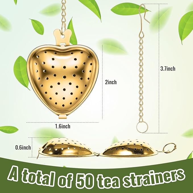 Sumind 50 Pcs Stainless Steel Tea Strainer Ball Infuser Loose Leaf Steeper Interval Diffuser Heart Shape Mesh Filters with Extended Chain Hook for tea party Seasonings Cup Bottle(Gold)