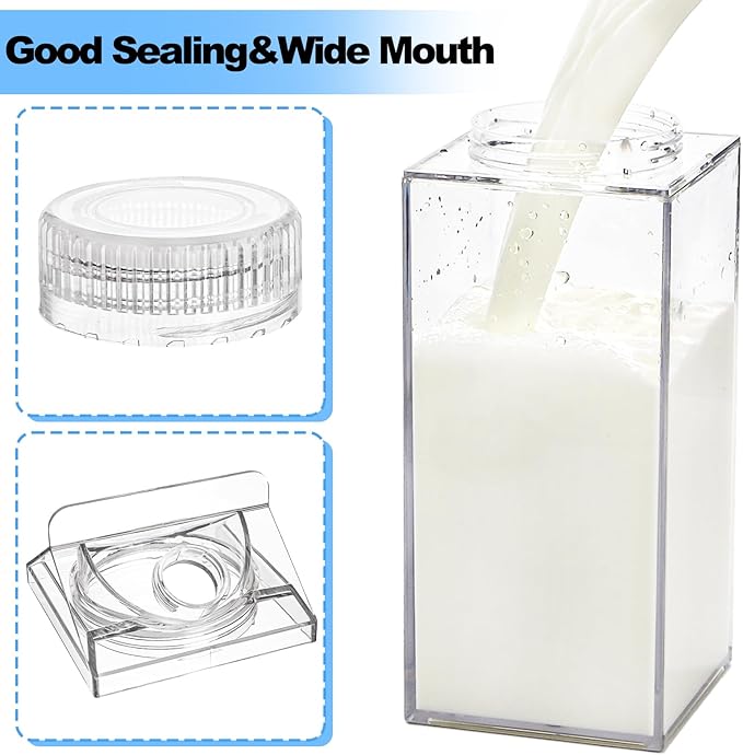 Bekith 2 Pack 64 Oz Large Milk Carton Water Bottle, Clear Plastic Milk Bottle with Cleaning Brush, Portable Leakproof Square Juice Bottle Reusable Milk Container for Outdoor Sports Travel Camping