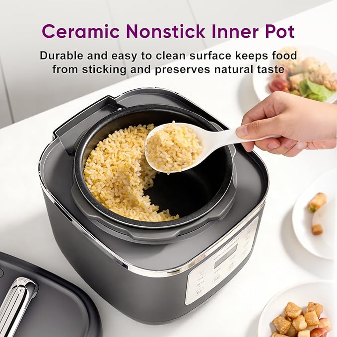 Carori 8-in-1 Electric Pressure Cooker, Compact 3 QT All-in-1 Multi-Cooker with Ceramic Pot, Saute, Slow Cook, Rice, Stew, Delay Start, Keep Warm & Safe Vent, Gray