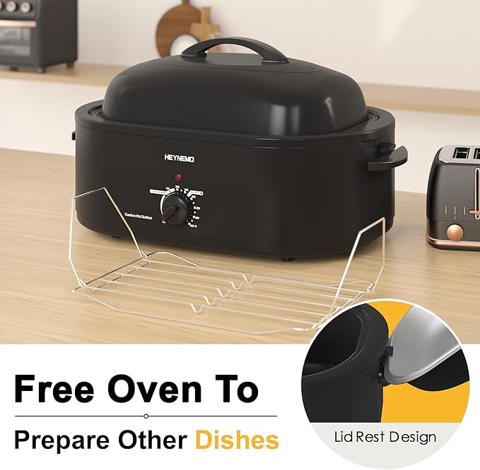 18 Quart Roaster Oven with Self-Basting Lid, Large Electric Turkey Roaster Oven with Defrost & Warm Function, Adjustable Temperature, Removable Pan & Rack, Stainless Steel, Black