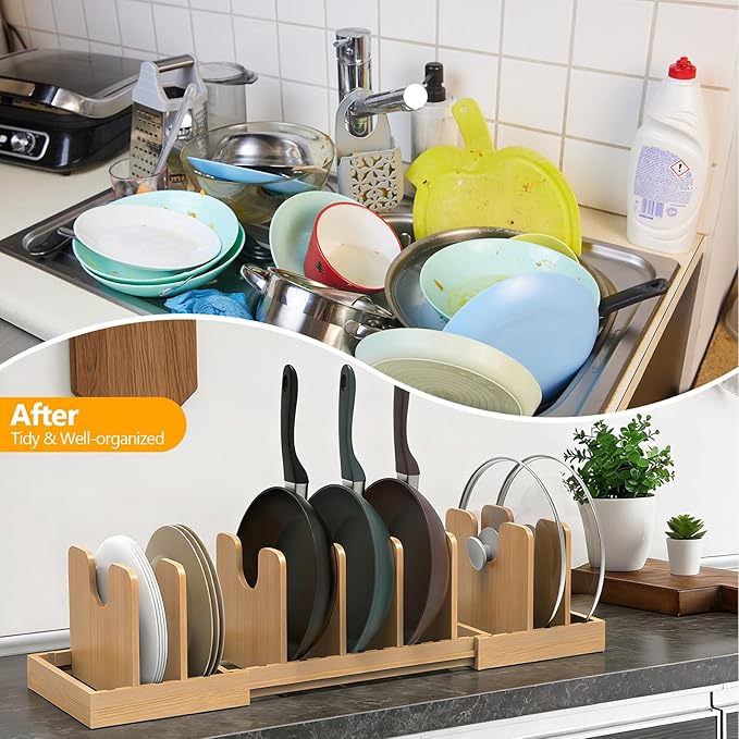 Expandable Pot Lid Organizer, Bamboo Pot and Pan Organizer for Under Cabinet, 16" to 28" Adjustable Length and 8pcs Dividers