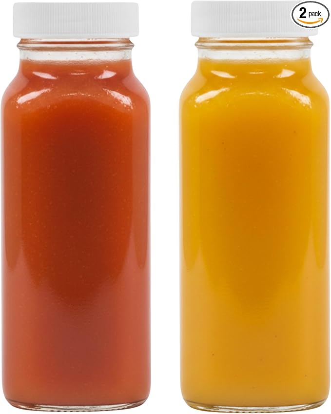 kitchentoolz 8oz Square Glass Juice Shot Bottle with Lid – 2 Pack 8 oz Milk Glass Bottles with Lids for Lunch Box, Airtight Reusable Drinking Jars for Smoothies, Yogurt, Kefir, Juice & Water