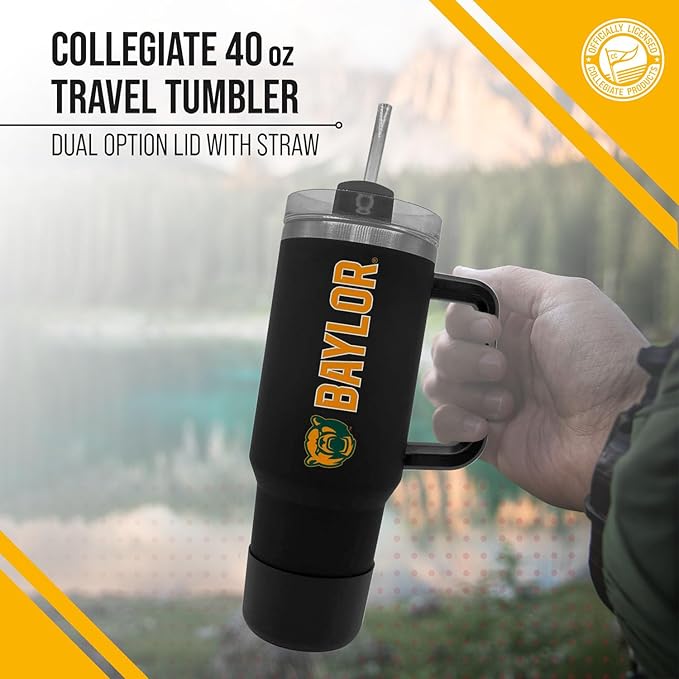 Campus Colors College & University 40 oz Travel Tumbler With Handle - Dual Option Lid With Straw - Vacuum Insulated Stainless Steel (Baylor Bears - Black)