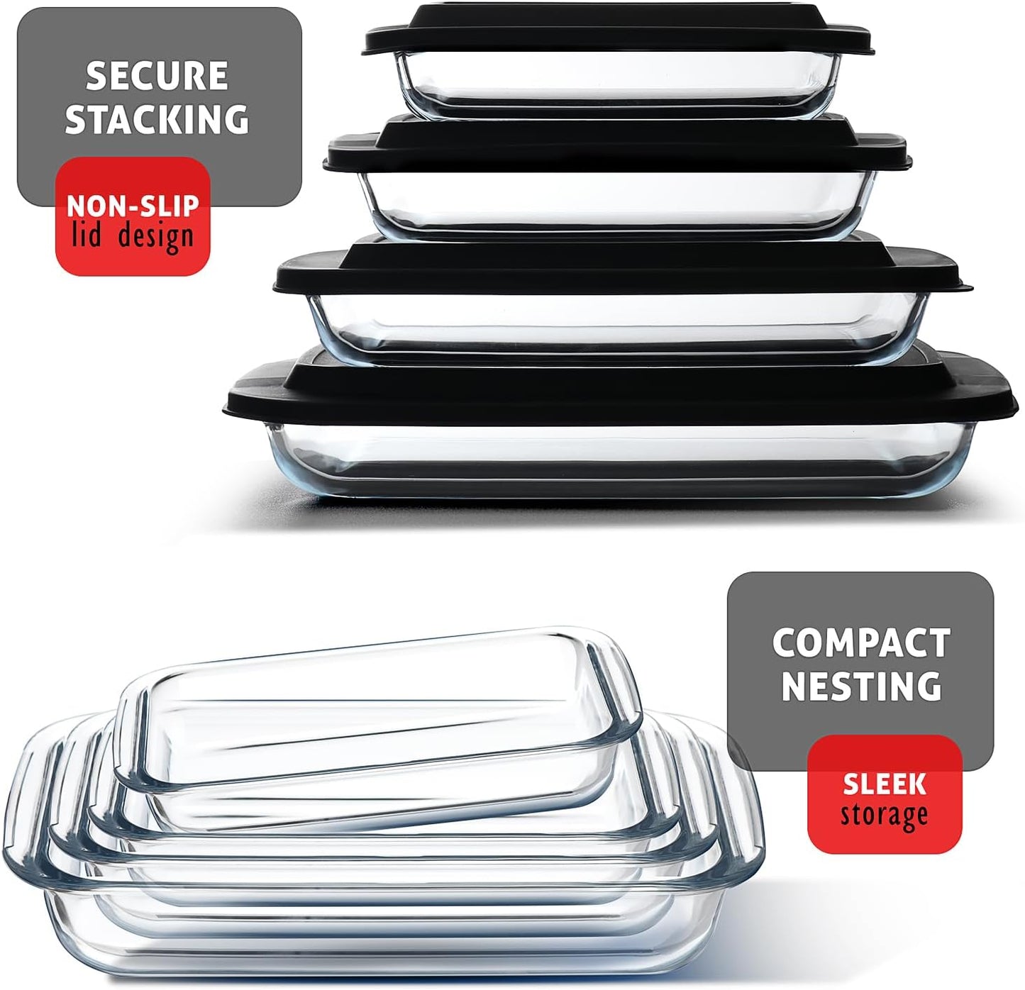 Nestl 8-Pack Glass Baking Dishes for Oven, Glass Food Storage Containers with Lids, Leakproof Casserole Dishes for Oven with Lid, Cooking, Microwave Oven Freezer Safe Bakeware, 9x13 Lasagna Pan Black