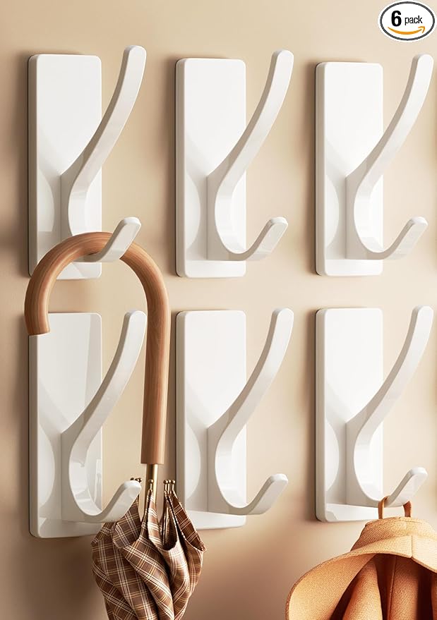 pickpiff White Self Adhesive Coat Hooks for Hanging: 13LB Extra Strong Stainless Wall Hook for Towel, Utensil, Backpack, Hat, Sturdy Metal Hanger for Bathroom, Kitchen, Door, 6 Pack