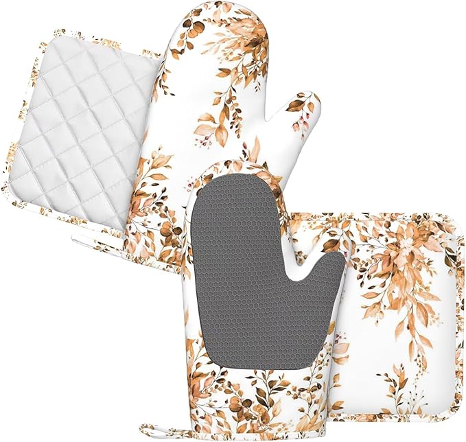Orange Eucalyptus Oven Mitts and Pot Holders Set, 4pcs Silicone Fall Watercolor Plant Leaves with Floral Oven Glove for Kitchen Heat Resistant Oven Mitts and Potholders Non-Slip for Cooking