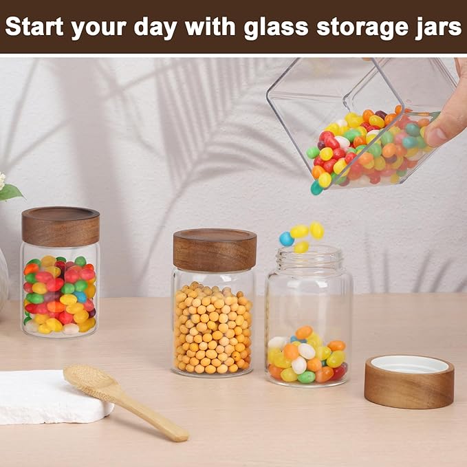 Coffee Jar with Wood Lid, 2 Pack 7oz 220ml Glass Canister with Wooden Airtight Lids, Empty Food Storage Containers, Screw Top Glass Mason Jars for Spice, Sugar, Tea, Oatmeal, Salad, Beans, Nuts