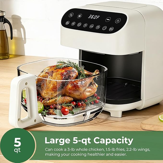 5 Quart Glass Air Fryer, Non Toxic & Uncoated High Borosilicate Glass Basket, Airfryer with Transparent Fry Bowl, 8 Preset Modes, PTFE/PFAS Free, BPA-Free, Dishwasher Safe, White