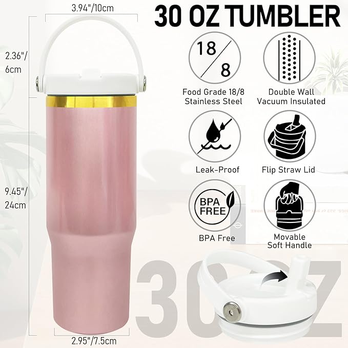 30 oz Tumbler with Handle and Straw, Vacuum Insulated Tumblers with Flip Straw and Top Handle, Leakproof Powder Coated Tumbler, Stainless Steel Travel Mug for Coffee Water (RoseGold, 1Pack)