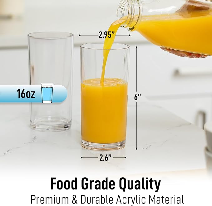 Zulay Kitchen Plastic Drinking Glasses (Set of 12) – 16oz Acrylic Shatterproof Water Cups for Home, Kitchen & Outdoors – Crystal Clear Glass Look – BPA & Lead-Free – Top-Rack Dishwasher Safe