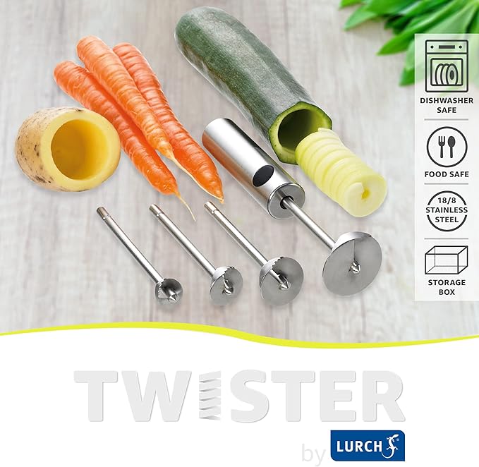 Lurch Germany Twister Stainless Steel Vegetable Drill | Fruit Corer And Veggie Spiralizer Ergonomic Handle With 4 Sizes for Coring and Hollowing out Zucchini, Potatoes, Carrot, Apple
