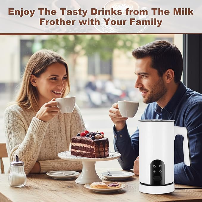 4 in 1 Electric Milk Frother Automatic Hot & Cold Foam Maker Auto Shut-Off Durable Stainless Steel Milk Frother Silent Working Easy to Clean for Cappuccino, Hot Chocolate (White)