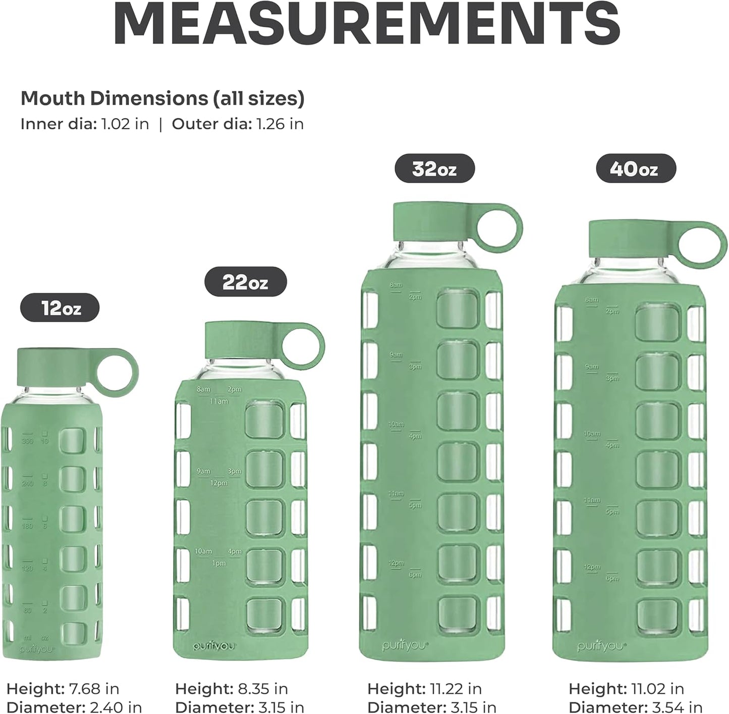 purifyou 40oz / 32oz / 22oz / 12oz Borosilicate Glass Water Bottle with Time & Volume Markers, Silicone Sleeve, Stainless Steel Lid – Reusable Glass Bottle for Water & Juice (22oz Shale Green)