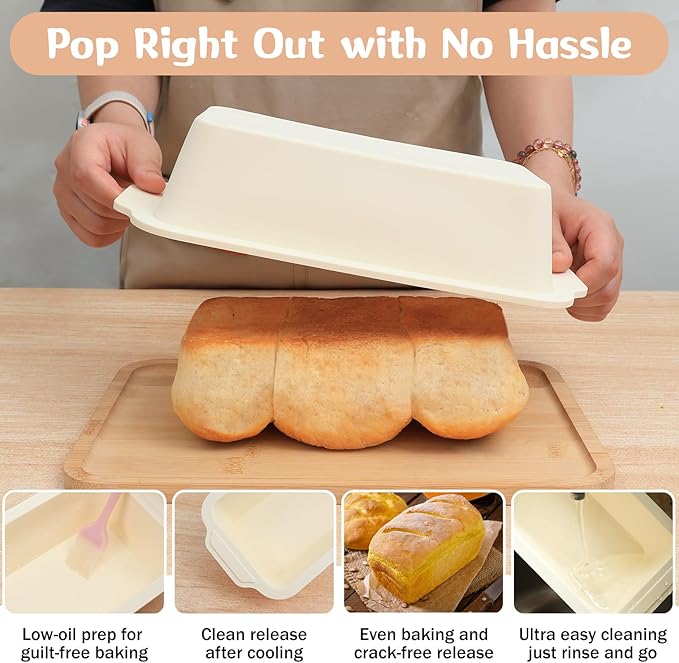 1 pc Silicone Bread Loaf Pans for Homemade Bread with Metal Frame, 9.5 x 5 Inch Non Stick Silicon Banana Loaf Pan for Oven, Silicone Baking Mold for Brownies,Sandwiches (Beige)