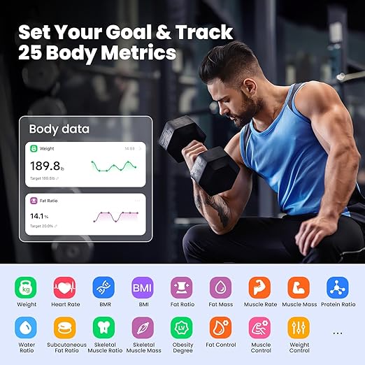 Smart Scale with Large Color Display, Digital Bathroom Scale for Body Weight BMI Muscle Mass, 25 Composition, Body Fat Scale with Heart Rate, 11.8" Large Platform, 400 lbs (Black)
